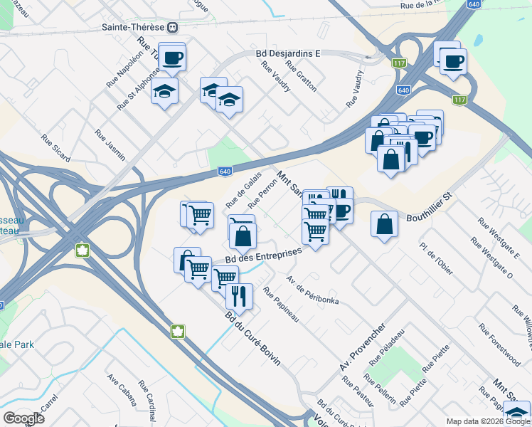 map of restaurants, bars, coffee shops, grocery stores, and more near Rue Lavigne in Boisbriand