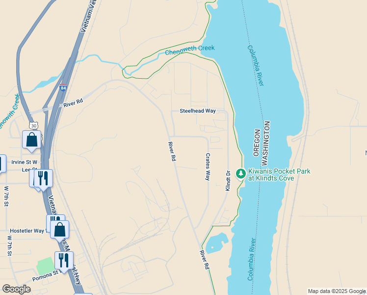 map of restaurants, bars, coffee shops, grocery stores, and more near 3855 River Road in The Dalles