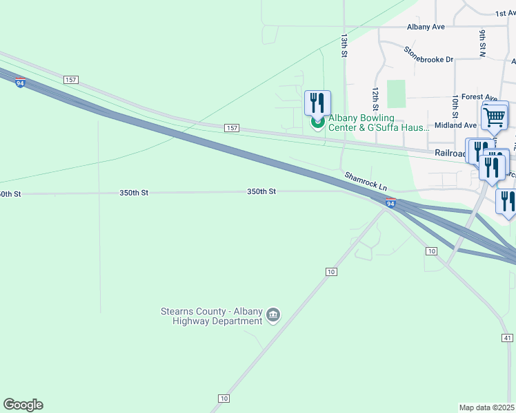 map of restaurants, bars, coffee shops, grocery stores, and more near 23247 350th Street in Albany