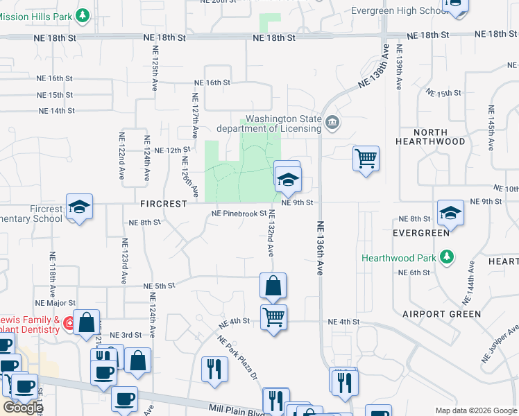 map of restaurants, bars, coffee shops, grocery stores, and more near 13010 Northeast Pinebrook Street in Vancouver