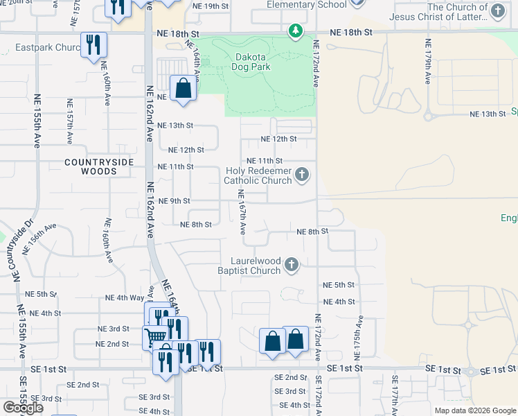 map of restaurants, bars, coffee shops, grocery stores, and more near 16715 Northeast 9th Street in Vancouver