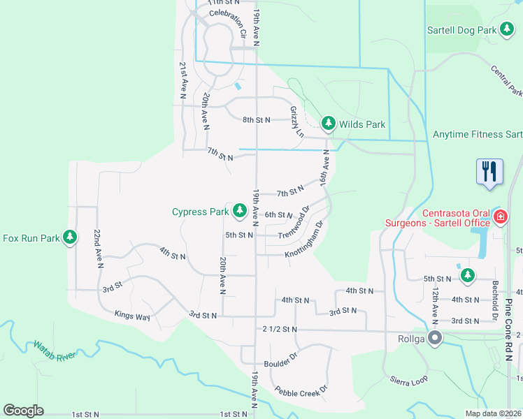 map of restaurants, bars, coffee shops, grocery stores, and more near 1813 7th Street North in Sartell