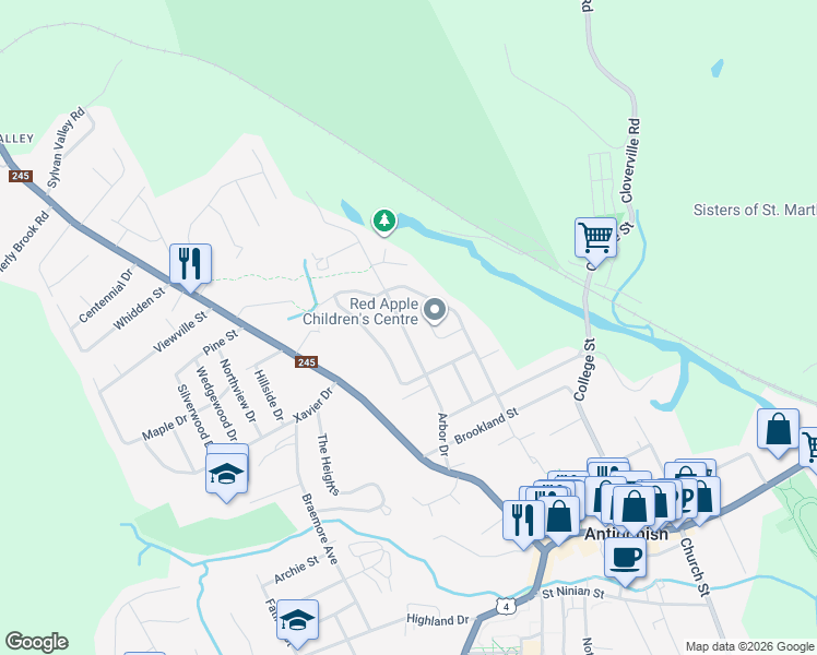 map of restaurants, bars, coffee shops, grocery stores, and more near 48 Arbor Drive in Antigonish