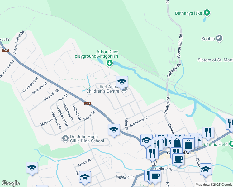 map of restaurants, bars, coffee shops, grocery stores, and more near 48 Arbor Drive in Antigonish