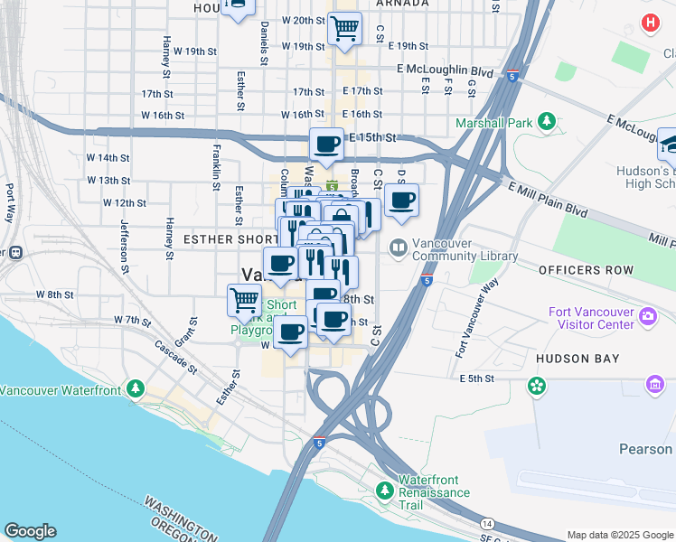 map of restaurants, bars, coffee shops, grocery stores, and more near 901 Main Street in Vancouver
