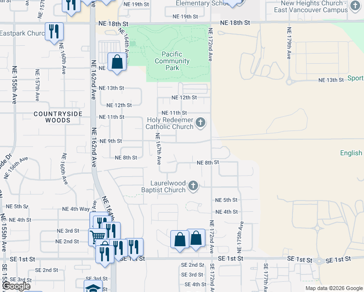 map of restaurants, bars, coffee shops, grocery stores, and more near 16907 Northeast 9th Street in Vancouver