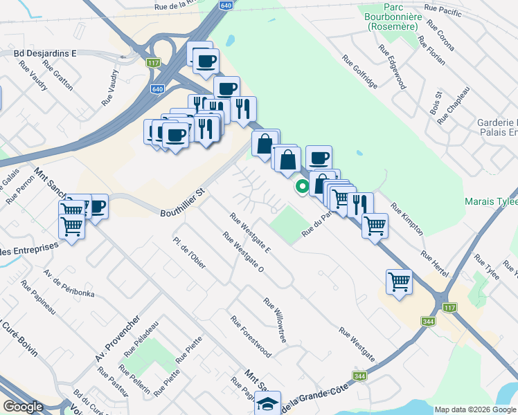 map of restaurants, bars, coffee shops, grocery stores, and more near 129 Rue du Jardin-des-Tourelles in Rosemã¨Re