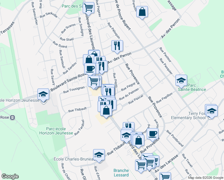 map of restaurants, bars, coffee shops, grocery stores, and more near 5655 Rue de Parme in Laval