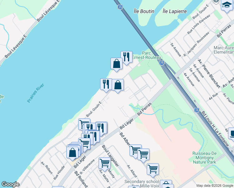 map of restaurants, bars, coffee shops, grocery stores, and more near 6900 Boulevard Gouin Est in Montréal