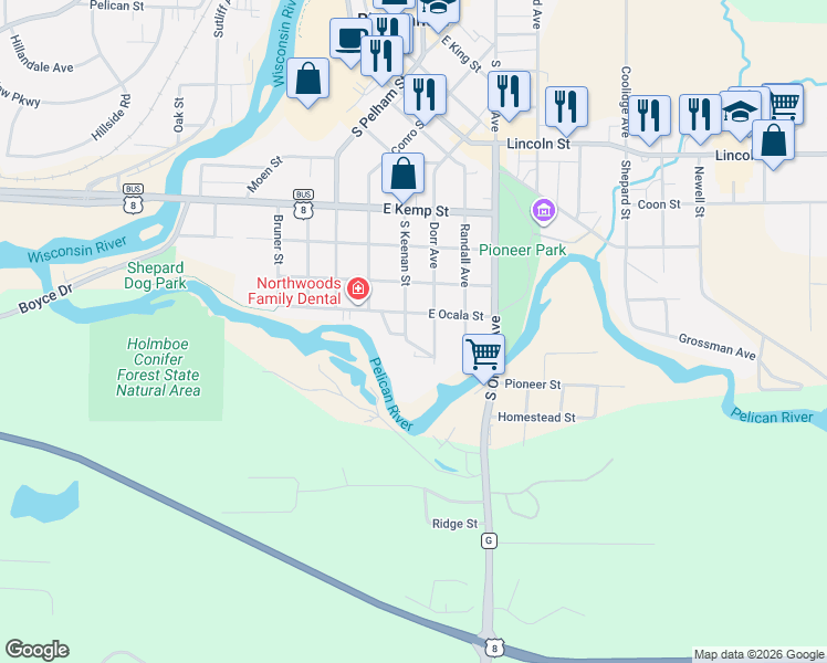 map of restaurants, bars, coffee shops, grocery stores, and more near 1015 South Keenan Street in Rhinelander