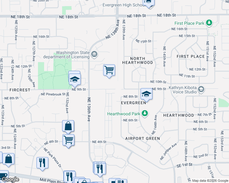 map of restaurants, bars, coffee shops, grocery stores, and more near 13812 Northeast 8th Way in Vancouver
