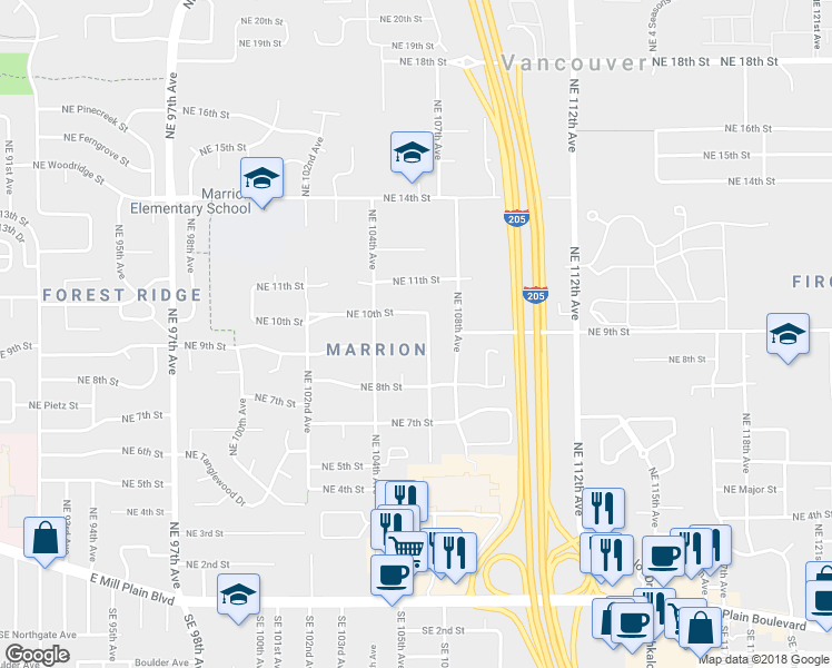 map of restaurants, bars, coffee shops, grocery stores, and more near 914 Northeast 106th Avenue in Vancouver