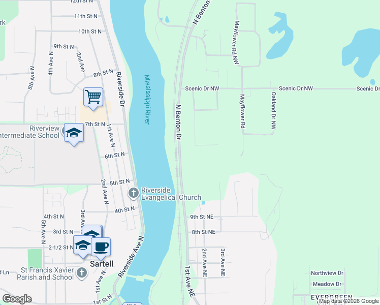 map of restaurants, bars, coffee shops, grocery stores, and more near 820-968 1st Avenue Northeast in Sauk Rapids
