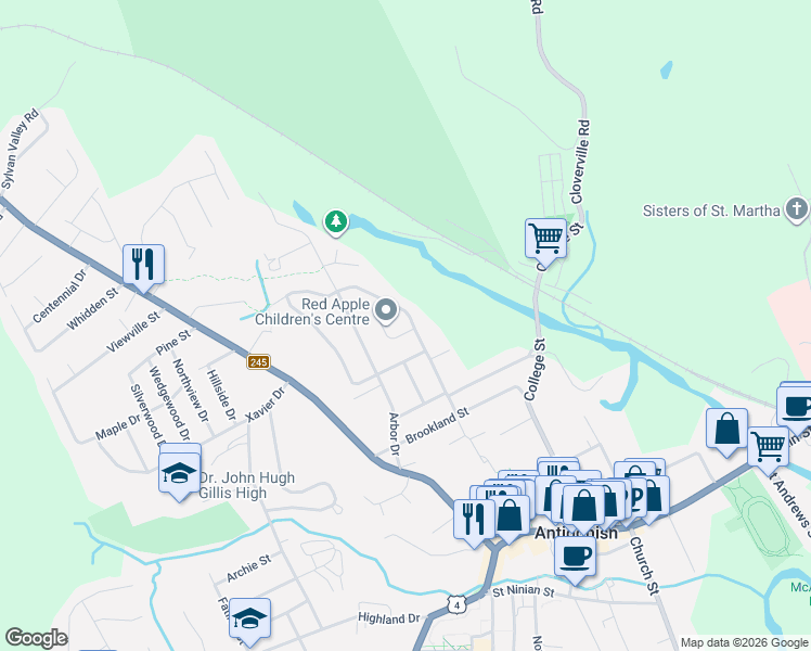 map of restaurants, bars, coffee shops, grocery stores, and more near 29 Maclellan Street in Antigonish