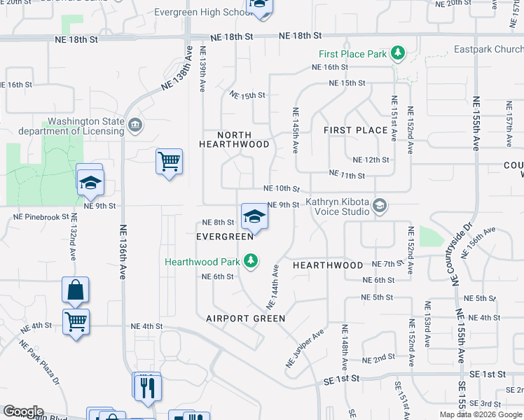 map of restaurants, bars, coffee shops, grocery stores, and more near 14212 Northeast 9th Street in Vancouver