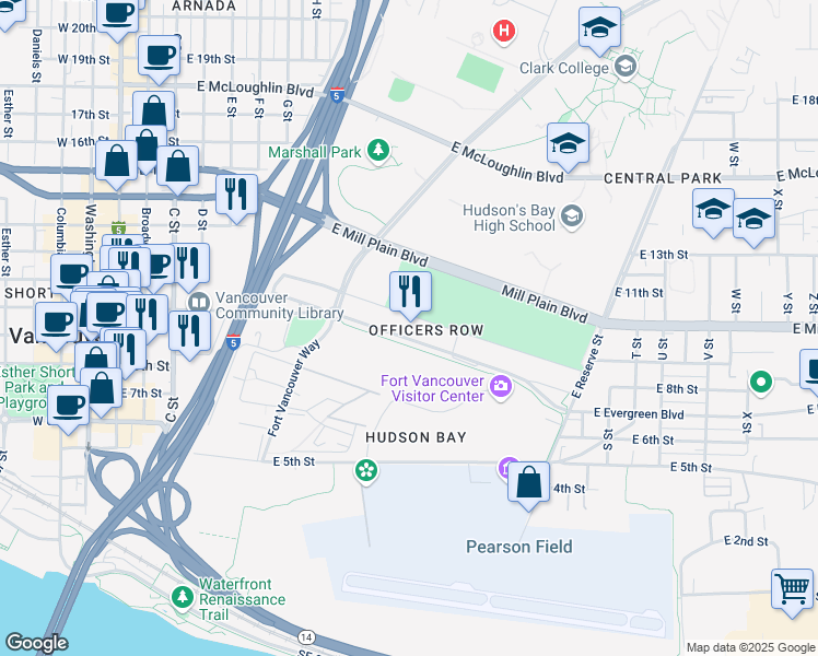 map of restaurants, bars, coffee shops, grocery stores, and more near 1101 Officers Row in Vancouver