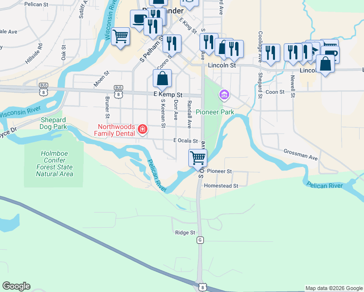 map of restaurants, bars, coffee shops, grocery stores, and more near 310 East Ocala Street in Rhinelander