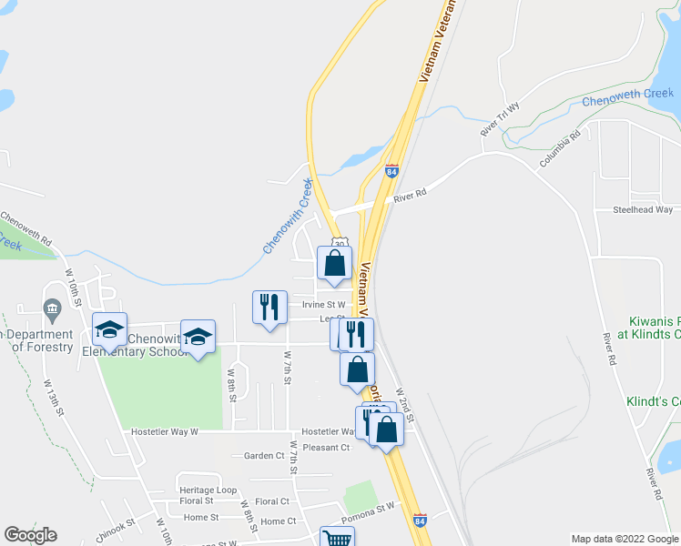map of restaurants, bars, coffee shops, grocery stores, and more near 3838 West 6th Street in The Dalles