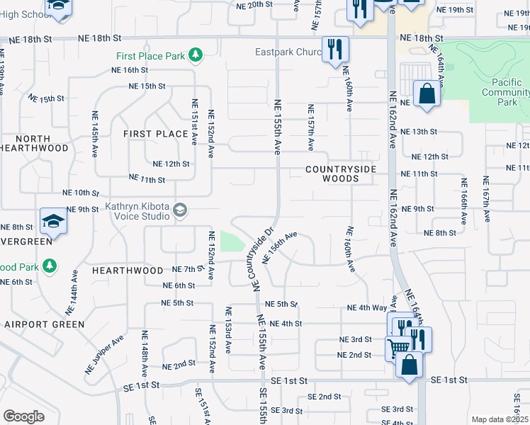map of restaurants, bars, coffee shops, grocery stores, and more near 15414 Northeast 9th Way in Vancouver