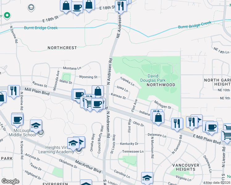 map of restaurants, bars, coffee shops, grocery stores, and more near 917 Topeka Lane in Vancouver