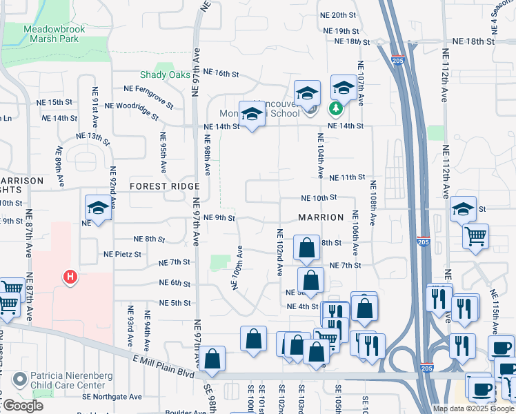 map of restaurants, bars, coffee shops, grocery stores, and more near 10013 Northeast 10th Street in Vancouver
