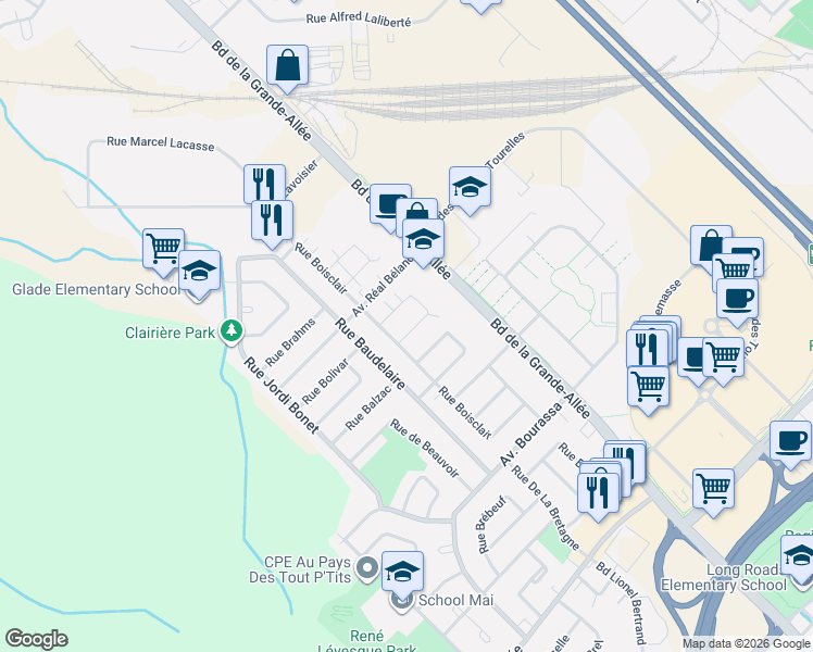 map of restaurants, bars, coffee shops, grocery stores, and more near 3635 Carré Arthur-Buies in Boisbriand