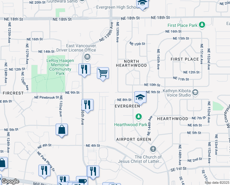 map of restaurants, bars, coffee shops, grocery stores, and more near 13600 Northeast 9th Street in Vancouver