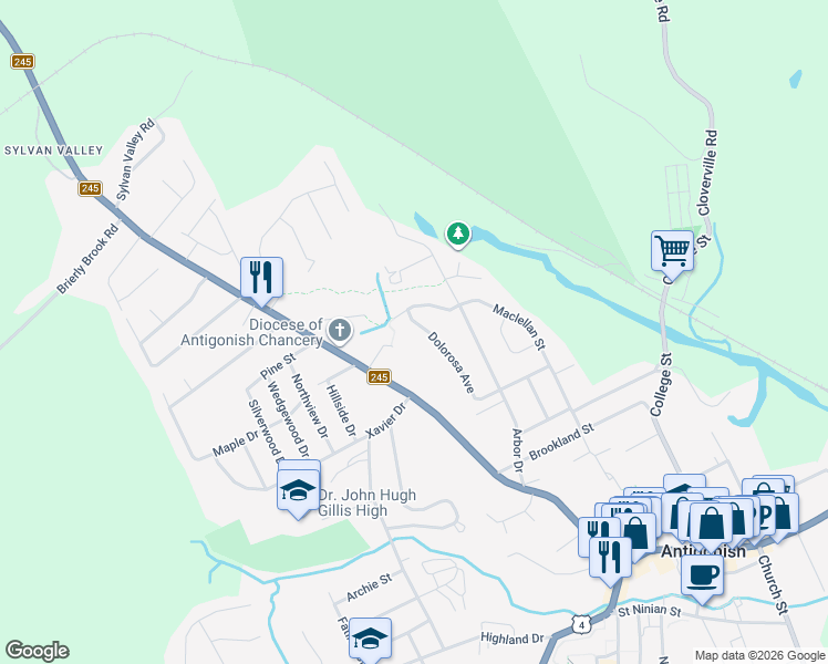 map of restaurants, bars, coffee shops, grocery stores, and more near 27 Dolorosa Avenue in Antigonish