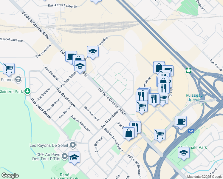 map of restaurants, bars, coffee shops, grocery stores, and more near 3205 Rue Montcalm in Boisbriand