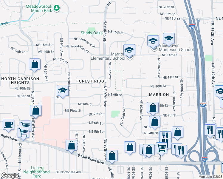 map of restaurants, bars, coffee shops, grocery stores, and more near 9801 Northeast 10th Street in Vancouver