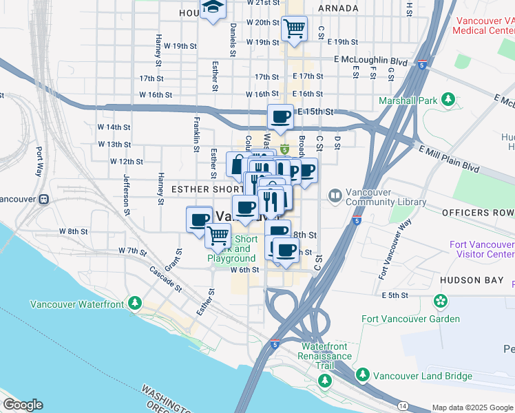 map of restaurants, bars, coffee shops, grocery stores, and more near 900 Washington Street in Vancouver