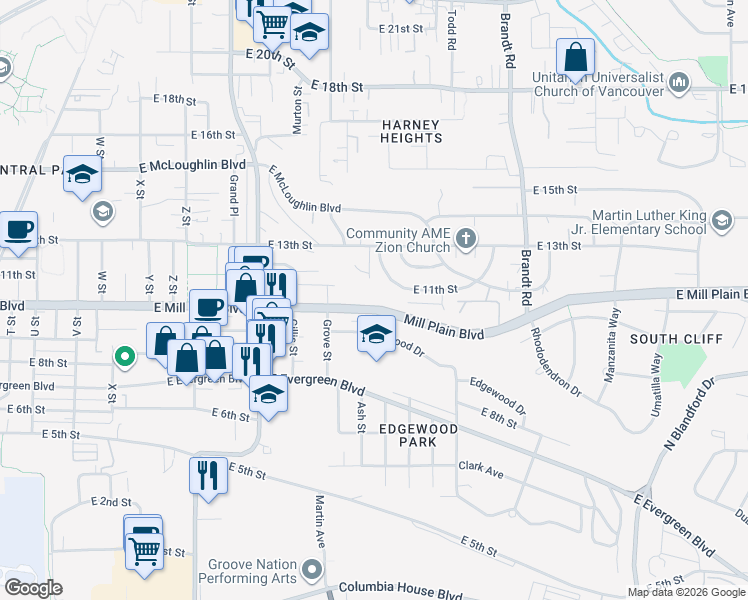 map of restaurants, bars, coffee shops, grocery stores, and more near 3300 East Mill Plain Boulevard in Vancouver