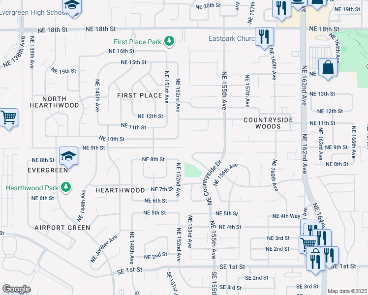 map of restaurants, bars, coffee shops, grocery stores, and more near Northeast 9th Street in Vancouver