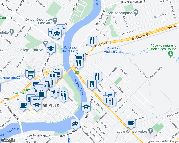 map of restaurants, bars, coffee shops, grocery stores, and more near 15162 Avenue Champlain in Saint-Hyacinthe