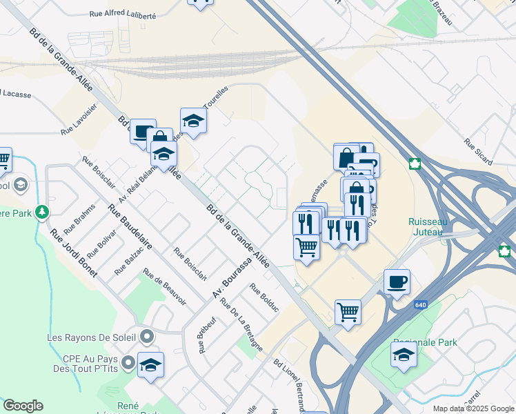 map of restaurants, bars, coffee shops, grocery stores, and more near 4455 Rue des Francs-Bourgeois in Boisbriand