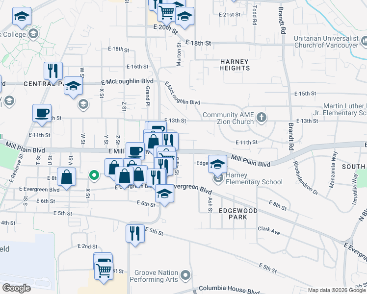 map of restaurants, bars, coffee shops, grocery stores, and more near 3104 E Mill Plain Blvd in Vancouver
