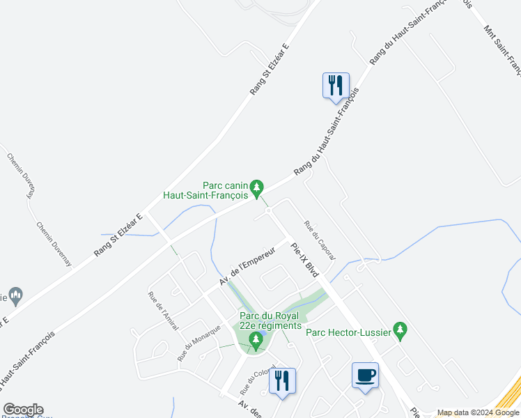 map of restaurants, bars, coffee shops, grocery stores, and more near 3525 Rue du Mousquetaire in Laval