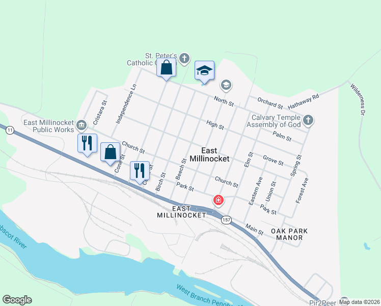 map of restaurants, bars, coffee shops, grocery stores, and more near 13 Beech Street in East Millinocket