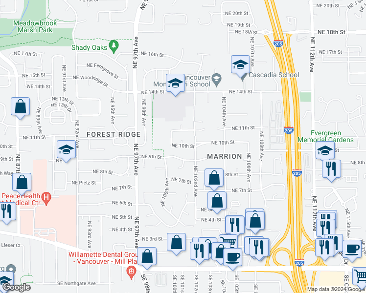 map of restaurants, bars, coffee shops, grocery stores, and more near 10013 Northeast 10th Street in Vancouver