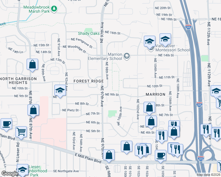 map of restaurants, bars, coffee shops, grocery stores, and more near 9801 Northeast 10th Street in Vancouver