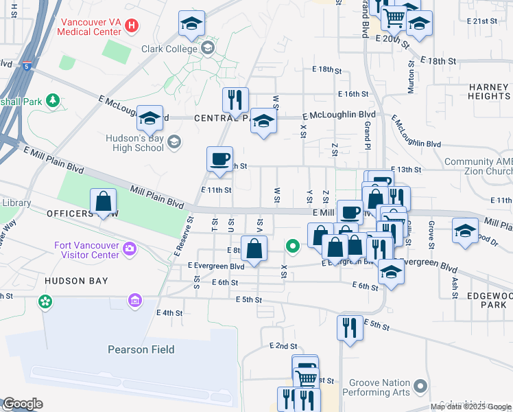 map of restaurants, bars, coffee shops, grocery stores, and more near 2128 East Mill Plain Boulevard in Vancouver