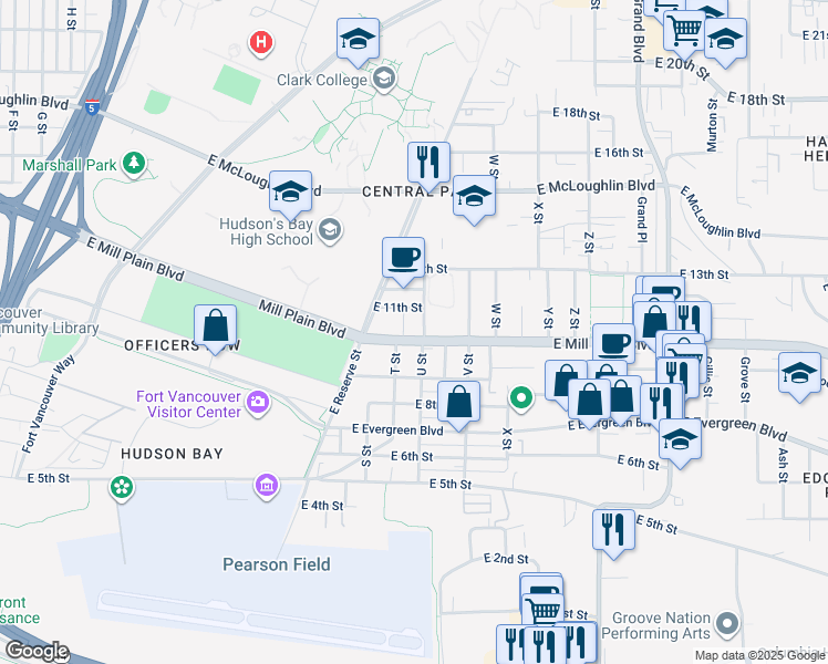 map of restaurants, bars, coffee shops, grocery stores, and more near 2012 East Mill Plain Boulevard in Vancouver