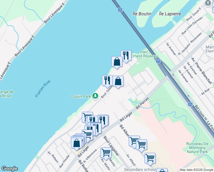 map of restaurants, bars, coffee shops, grocery stores, and more near 6905 Boulevard Gouin Est in Montrã©Al