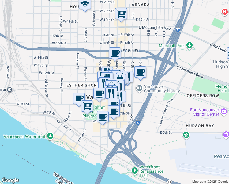 map of restaurants, bars, coffee shops, grocery stores, and more near 913 Main Street in Vancouver