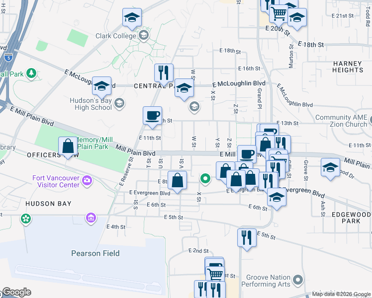 map of restaurants, bars, coffee shops, grocery stores, and more near 2210 East Mill Plain Boulevard in Vancouver
