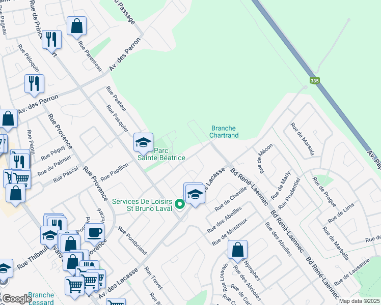map of restaurants, bars, coffee shops, grocery stores, and more near 831 Rue Péladeau in Laval