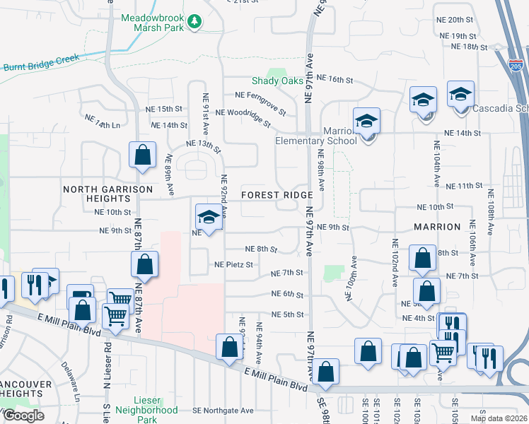 map of restaurants, bars, coffee shops, grocery stores, and more near 9501 Northeast 11th Way in Vancouver