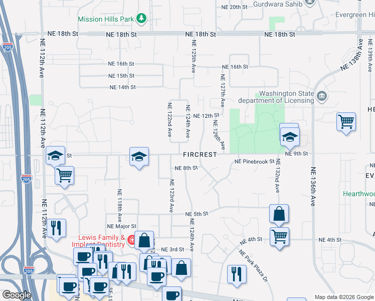 map of restaurants, bars, coffee shops, grocery stores, and more near 12316 Northeast 9th Street in Vancouver