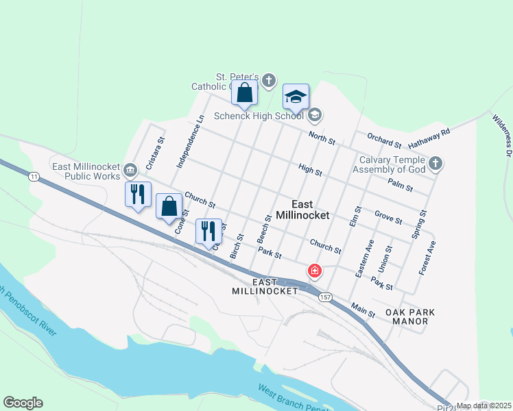 map of restaurants, bars, coffee shops, grocery stores, and more near 17 Birch Street in East Millinocket