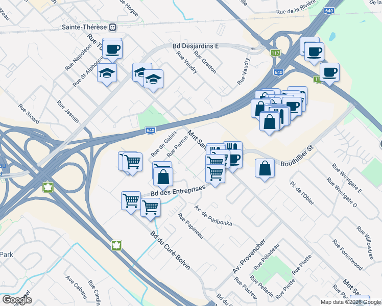 map of restaurants, bars, coffee shops, grocery stores, and more near 7 Rue Lavigne in Boisbriand